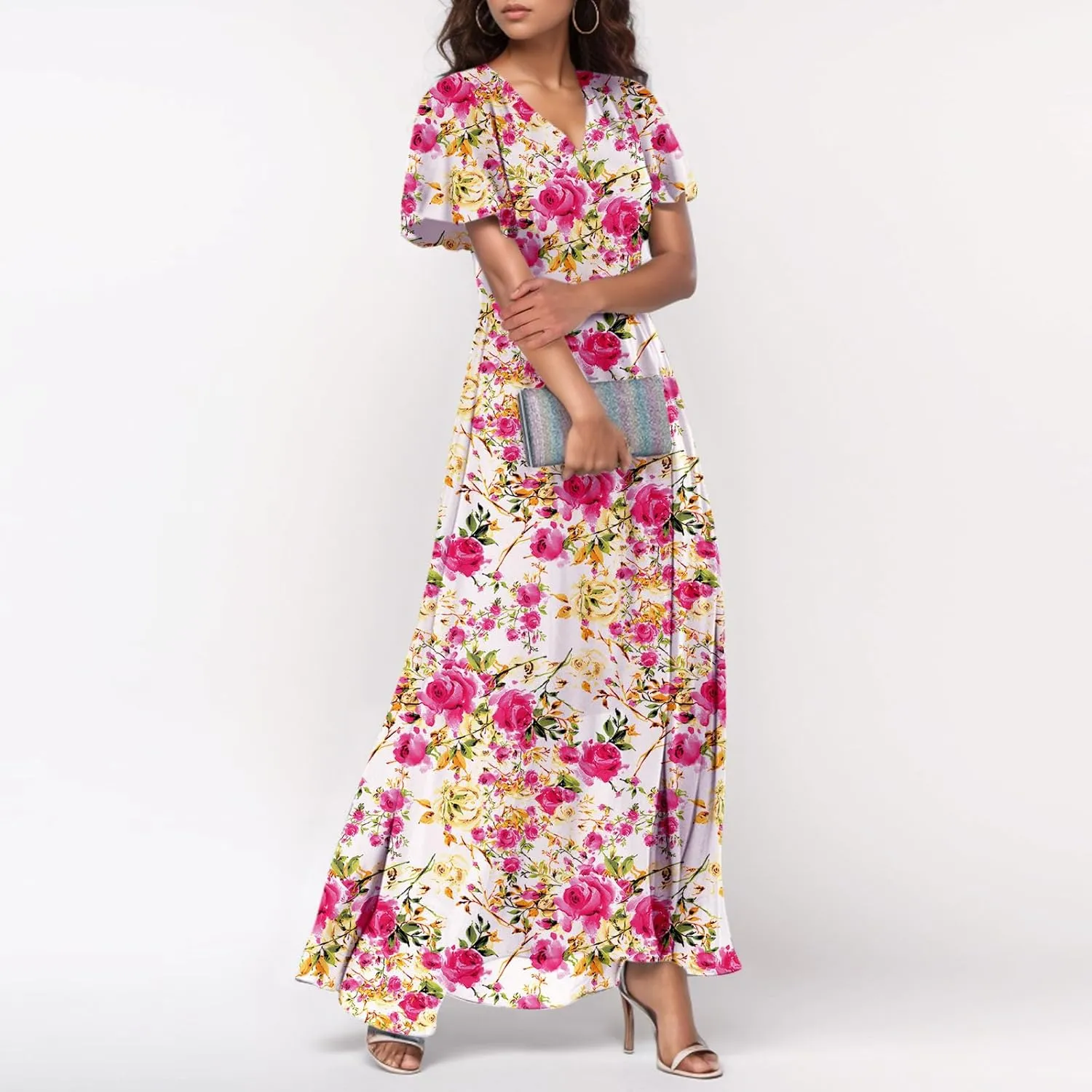 Maxi Dresses for Women Summer Highwaisted Prom Dress Floral Chiffon Flutter Sleeve Boho Dress Vneck Tea Party Dresses