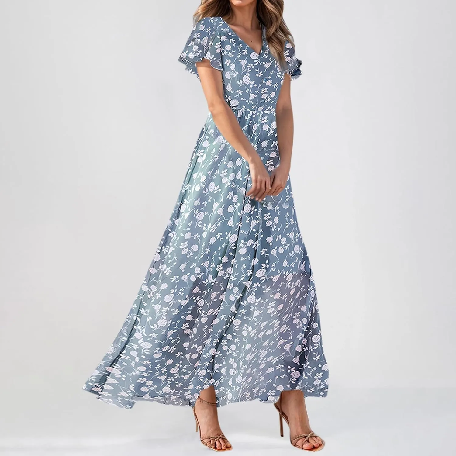 Maxi Dresses for Women Summer Highwaisted Prom Dress Floral Chiffon Flutter Sleeve Boho Dress Vneck Tea Party Dresses