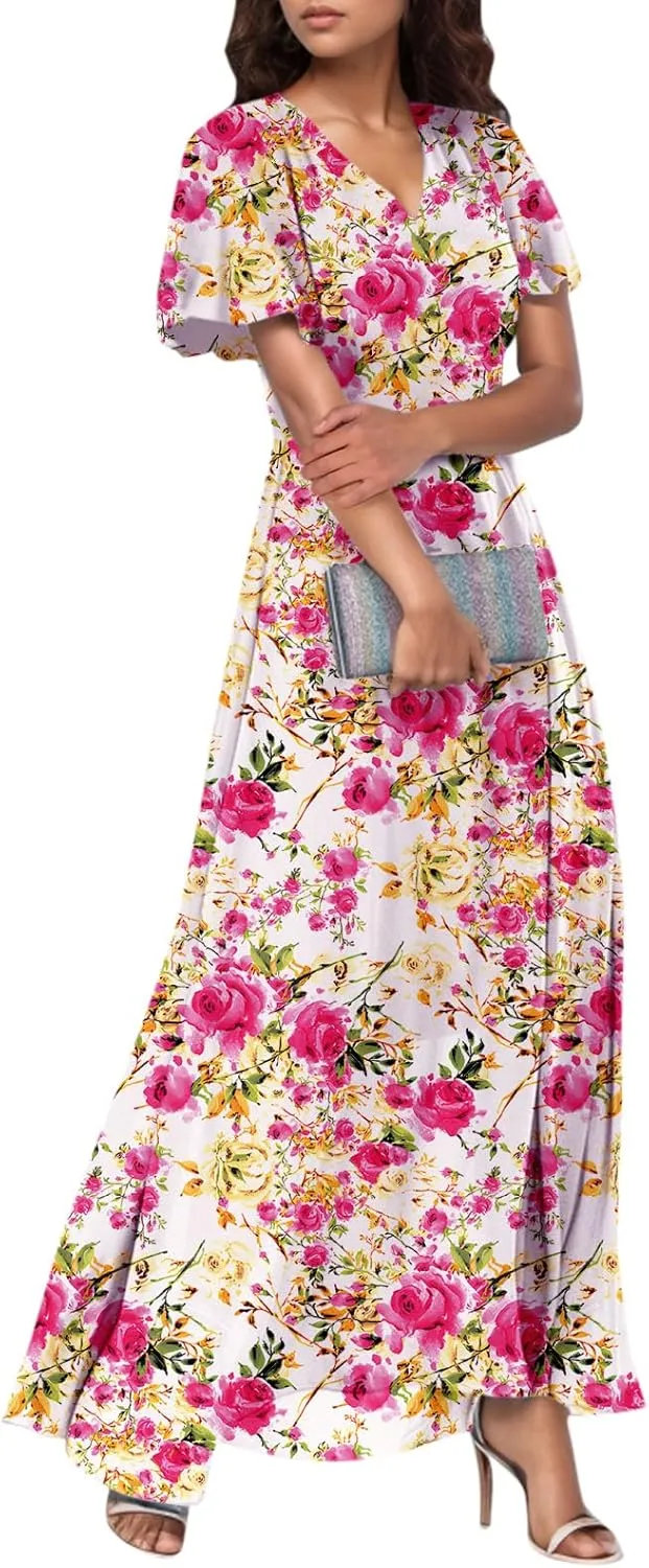 Maxi Dresses for Women Summer Highwaisted Prom Dress Floral Chiffon Flutter Sleeve Boho Dress Vneck Tea Party Dresses