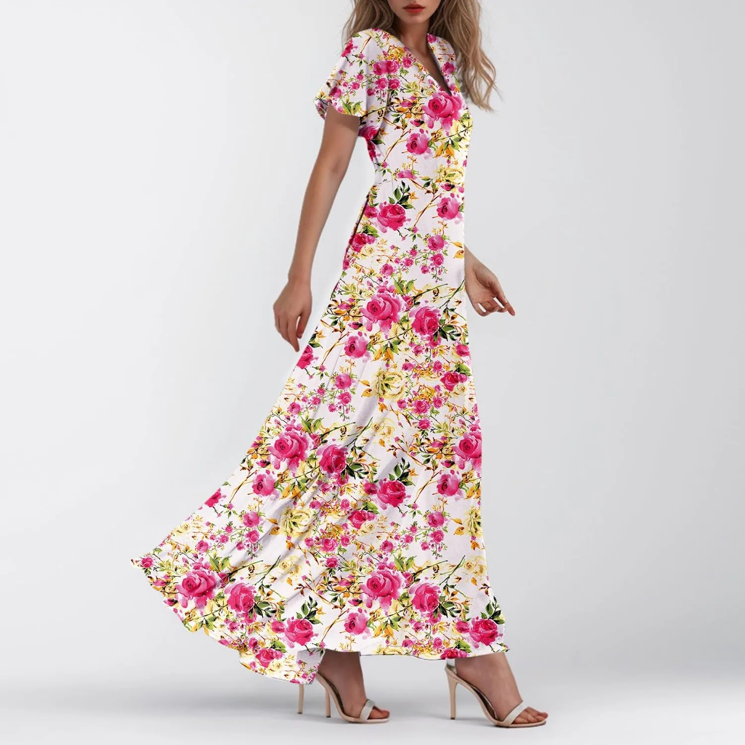 Maxi Dresses for Women Summer Highwaisted Prom Dress Floral Chiffon Flutter Sleeve Boho Dress Vneck Tea Party Dresses