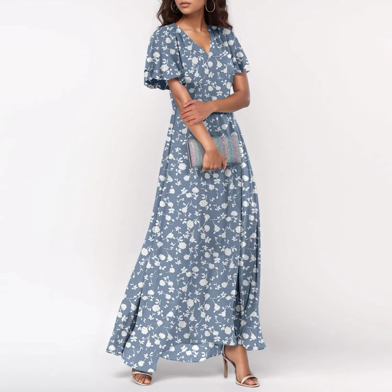 Maxi Dresses for Women Summer Highwaisted Prom Dress Floral Chiffon Flutter Sleeve Boho Dress Vneck Tea Party Dresses