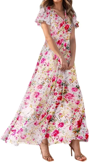 Maxi Dresses for Women Summer Highwaisted Prom Dress Floral Chiffon Flutter Sleeve Boho Dress Vneck Tea Party Dresses
