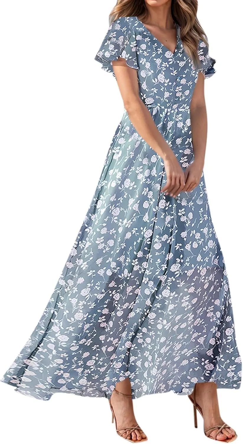 Maxi Dresses for Women Summer Highwaisted Prom Dress Floral Chiffon Flutter Sleeve Boho Dress Vneck Tea Party Dresses