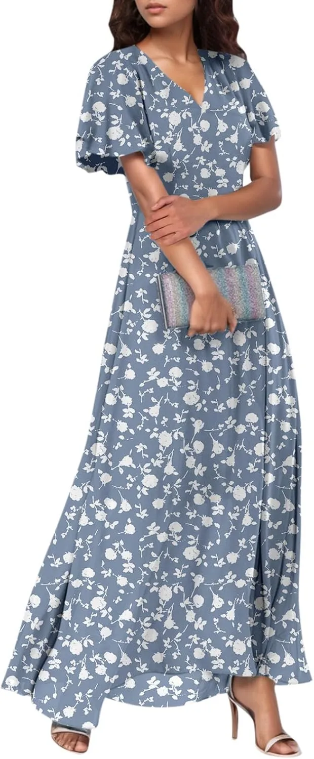 Maxi Dresses for Women Summer Highwaisted Prom Dress Floral Chiffon Flutter Sleeve Boho Dress Vneck Tea Party Dresses
