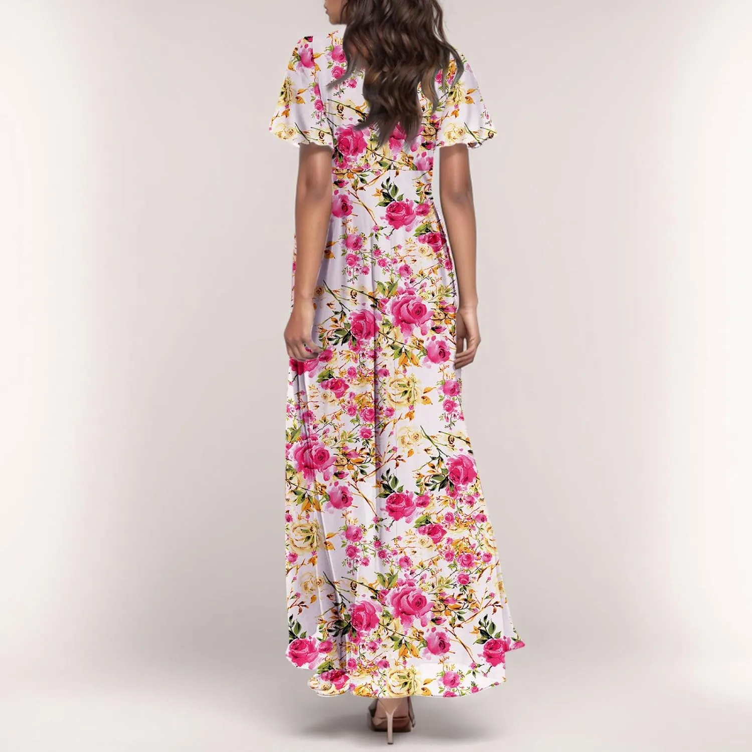 Maxi Dresses for Women Summer Highwaisted Prom Dress Floral Chiffon Flutter Sleeve Boho Dress Vneck Tea Party Dresses