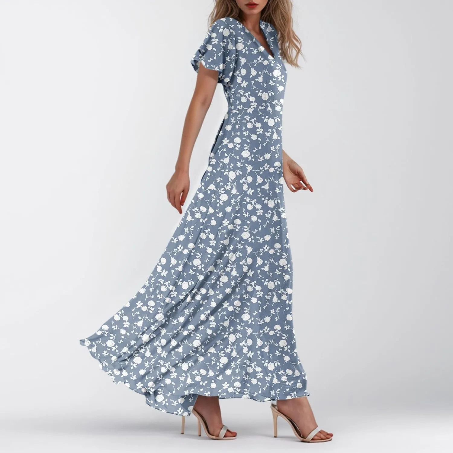 Maxi Dresses for Women Summer Highwaisted Prom Dress Floral Chiffon Flutter Sleeve Boho Dress Vneck Tea Party Dresses