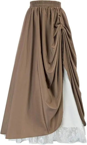 Maxi Long Skirt for Women Vintage Renaissance High Waist Double Layered Skirts Side Ruched Lace Hem Retro Skirt