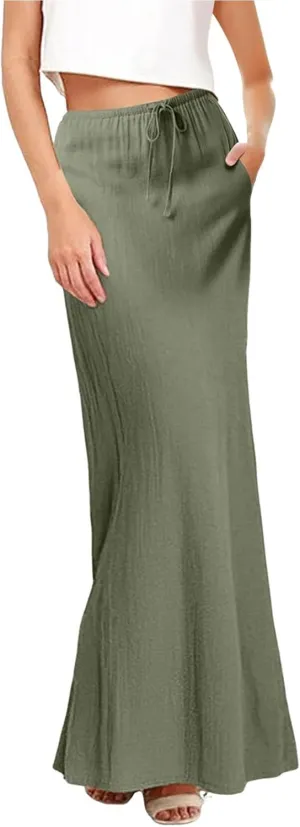 Maxi Skirt for Women Daily Casual Elegant Solid Color A Skirts Vintage Elastic Waist Skirt 2025 Summer Trendy
