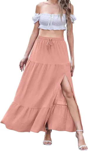 Maxi Skirt for Women Slit Hem Elastic High Waist Solid Color A Line Boho Flowy Trendy Loose Casual Summer 2025