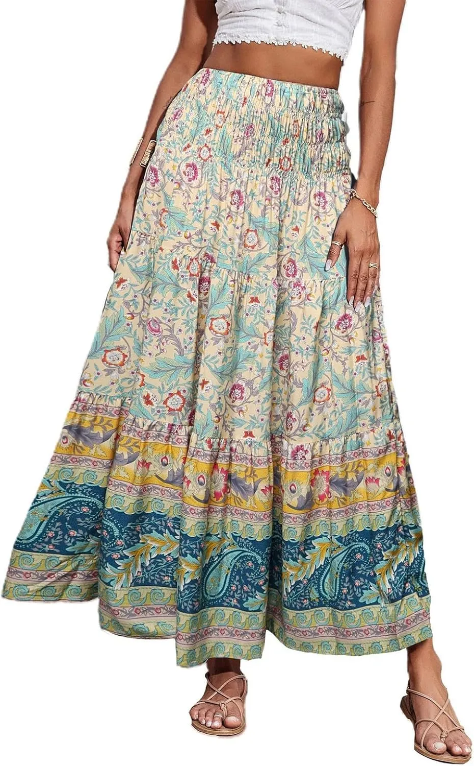 Maxi Skirts for Women Floral Boho Long Flowy Skirt Smocked Elastic High Waisted Skirts A Line Beach Midi Skirt
