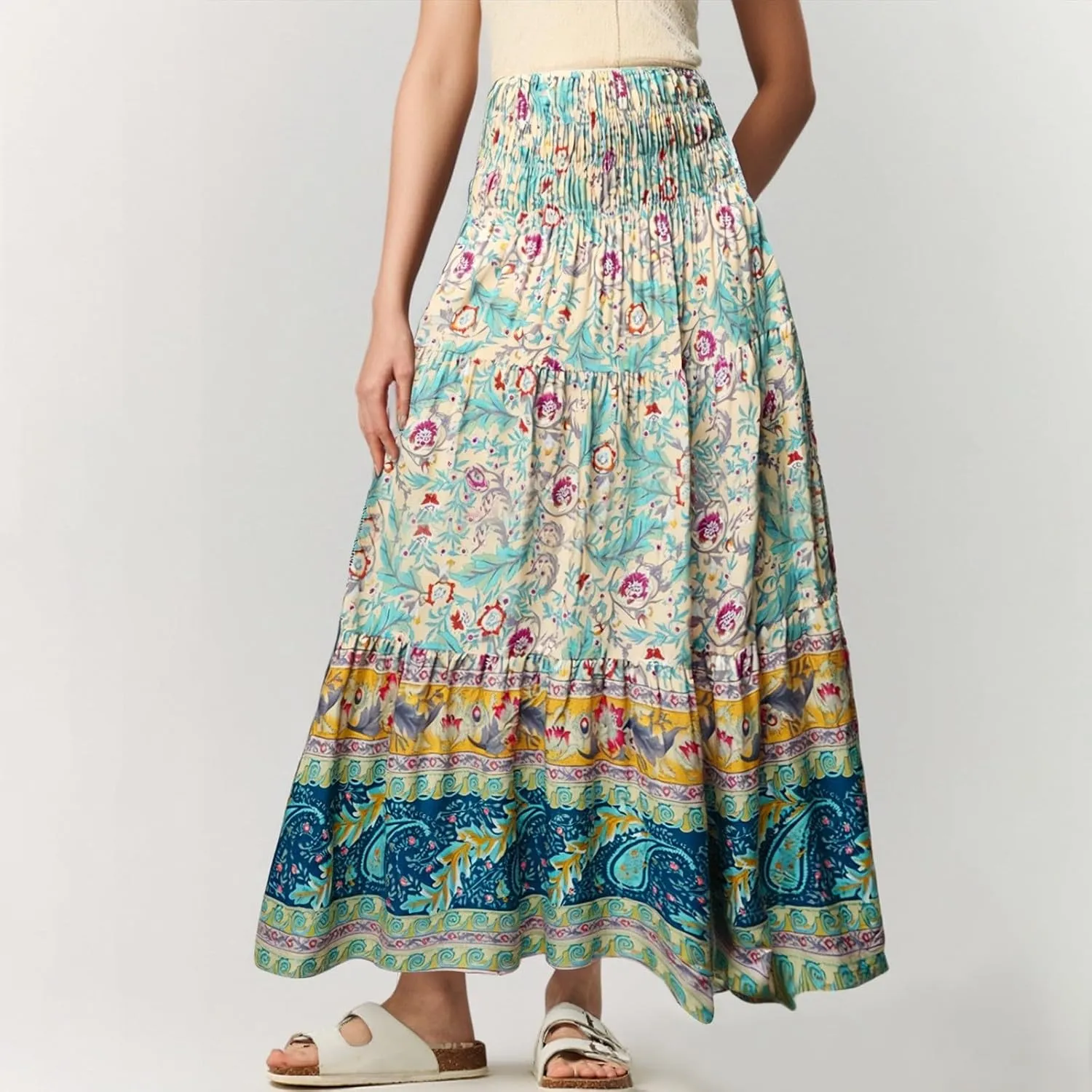 Maxi Skirts for Women Floral Boho Long Flowy Skirt Smocked Elastic High Waisted Skirts A Line Beach Midi Skirt