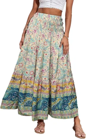 Maxi Skirts for Women Floral Boho Long Flowy Skirt Smocked Elastic High Waisted Skirts A Line Beach Midi Skirt