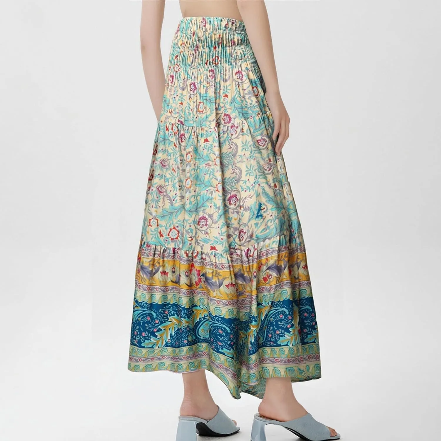 Maxi Skirts for Women Floral Boho Long Flowy Skirt Smocked Elastic High Waisted Skirts A Line Beach Midi Skirt