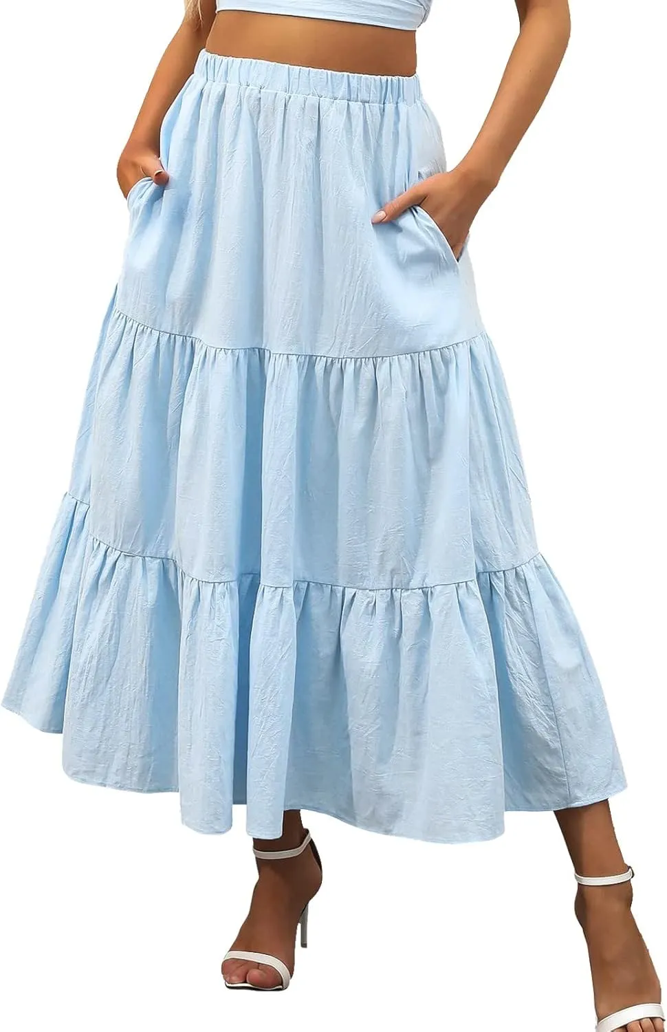 Maxi Skirts for Women Pleated Long Midi Skirt with Pockets Casual Summer High Waisted Flowy Trendy Boho A Line Skirts