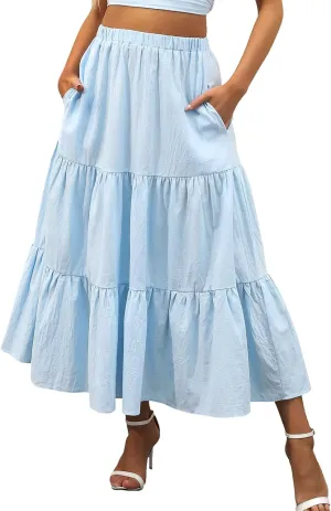 Maxi Skirts for Women Pleated Long Midi Skirt with Pockets Casual Summer High Waisted Flowy Trendy Boho A Line Skirts