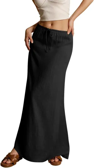 Maxi Skirts for Women Summer Flowy Linen Skirt A-line Elastic Waist Drawstring Low Rise Floor Ankle Length Long Skirts