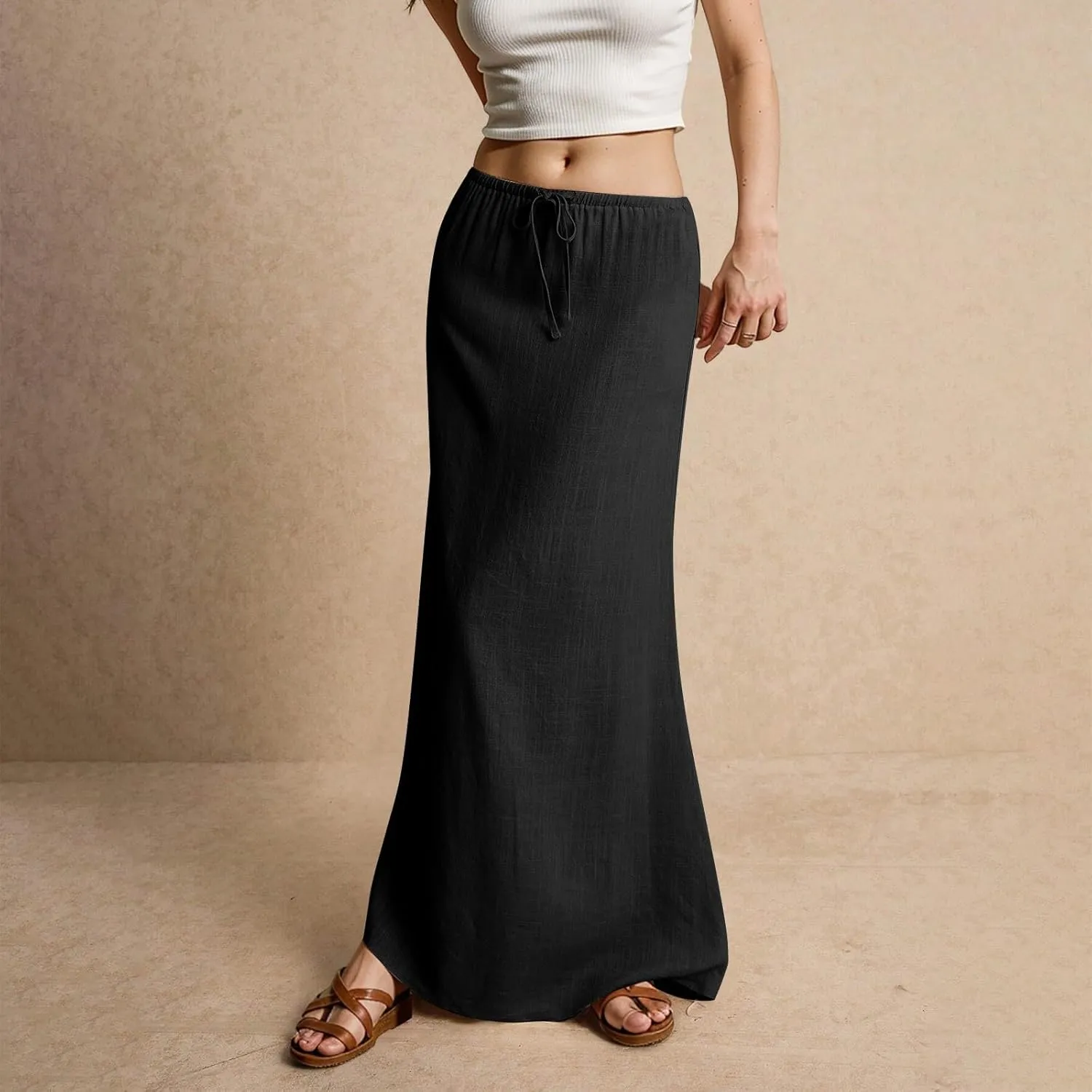 Maxi Skirts for Women Summer Flowy Linen Skirt A-line Elastic Waist Drawstring Low Rise Floor Ankle Length Long Skirts
