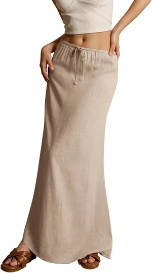 Maxi Skirts for Women Summer Flowy Linen Skirt A-line Elastic Waist Drawstring Low Rise Floor Ankle Length Long Skirts