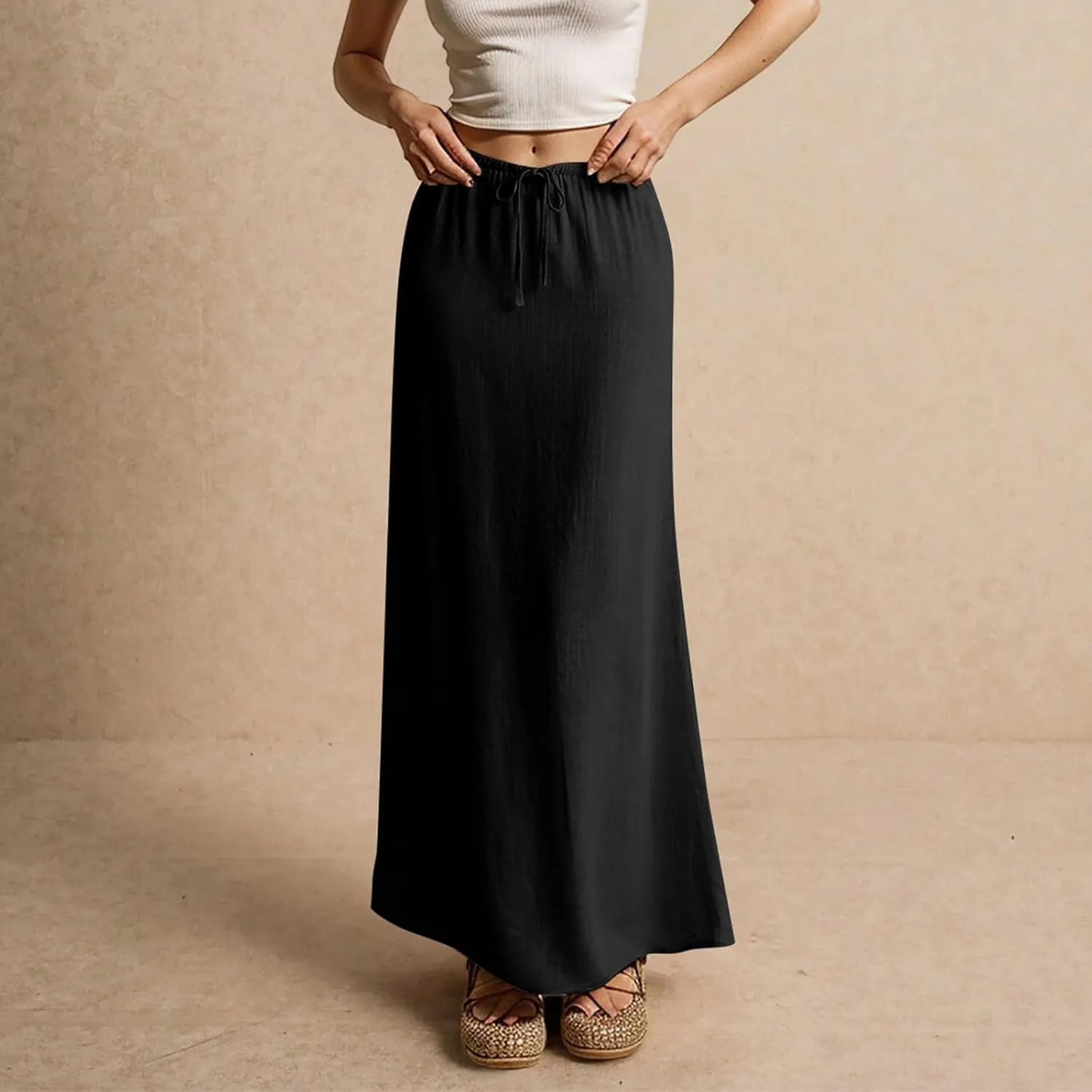 Maxi Skirts for Women Summer Flowy Linen Skirt A-line Elastic Waist Drawstring Low Rise Floor Ankle Length Long Skirts