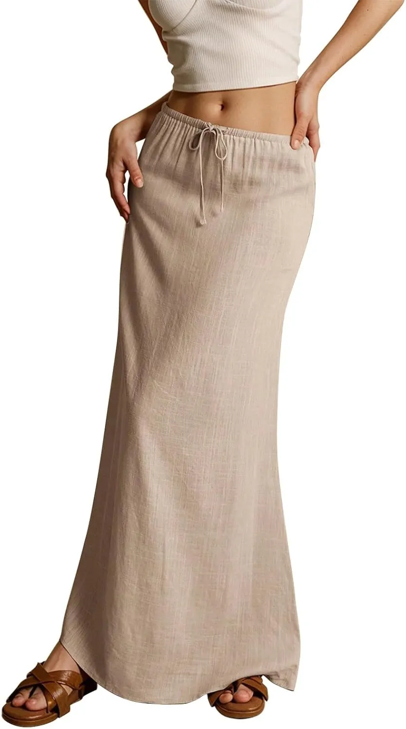 Maxi Skirts for Women Summer Flowy Linen Skirt A-line Elastic Waist Drawstring Low Rise Floor Ankle Length Long Skirts