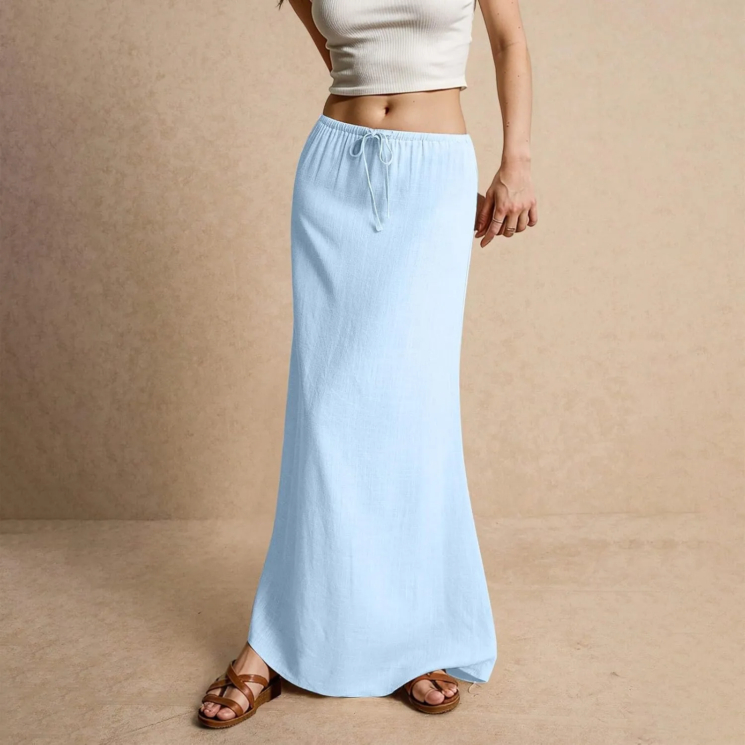 Maxi Skirts for Women Summer Flowy Linen Skirt A-line Elastic Waist Drawstring Low Rise Floor Ankle Length Long Skirts