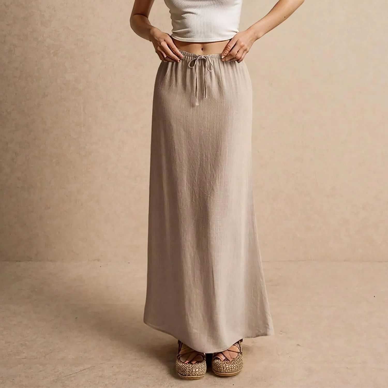 Maxi Skirts for Women Summer Flowy Linen Skirt A-line Elastic Waist Drawstring Low Rise Floor Ankle Length Long Skirts