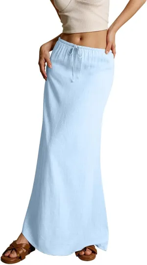 Maxi Skirts for Women Summer Flowy Linen Skirt A-line Elastic Waist Drawstring Low Rise Floor Ankle Length Long Skirts