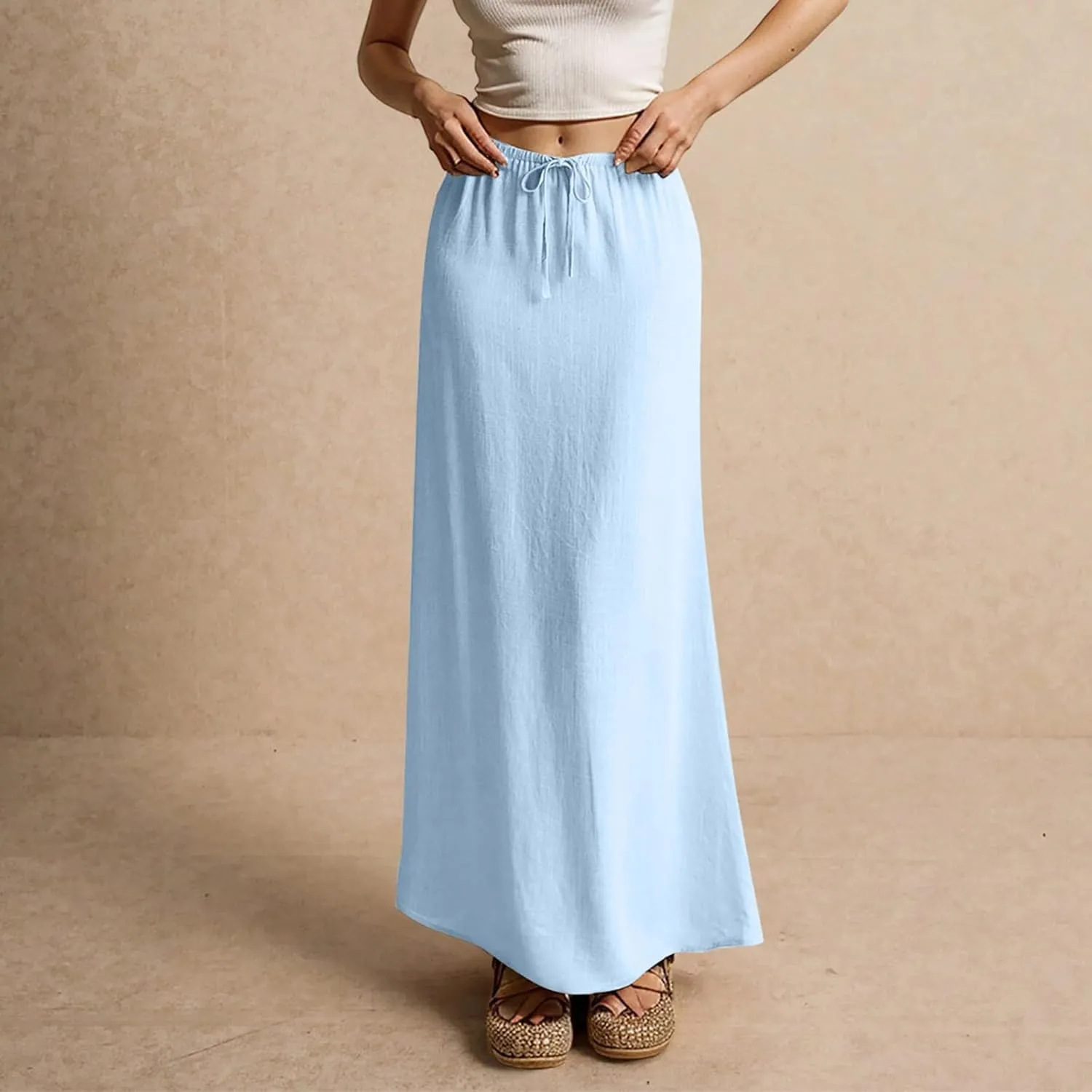Maxi Skirts for Women Summer Flowy Linen Skirt A-line Elastic Waist Drawstring Low Rise Floor Ankle Length Long Skirts