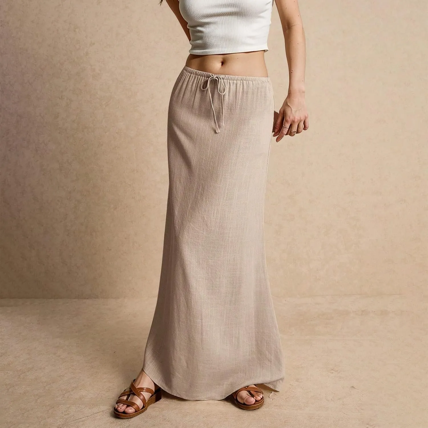 Maxi Skirts for Women Summer Flowy Linen Skirt A-line Elastic Waist Drawstring Low Rise Floor Ankle Length Long Skirts