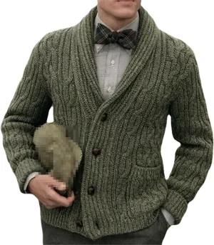 Men Vintage Cardigans Sweater Jacket Autumn Winter Button Down Cable Knit Coat Tops with Pockets
