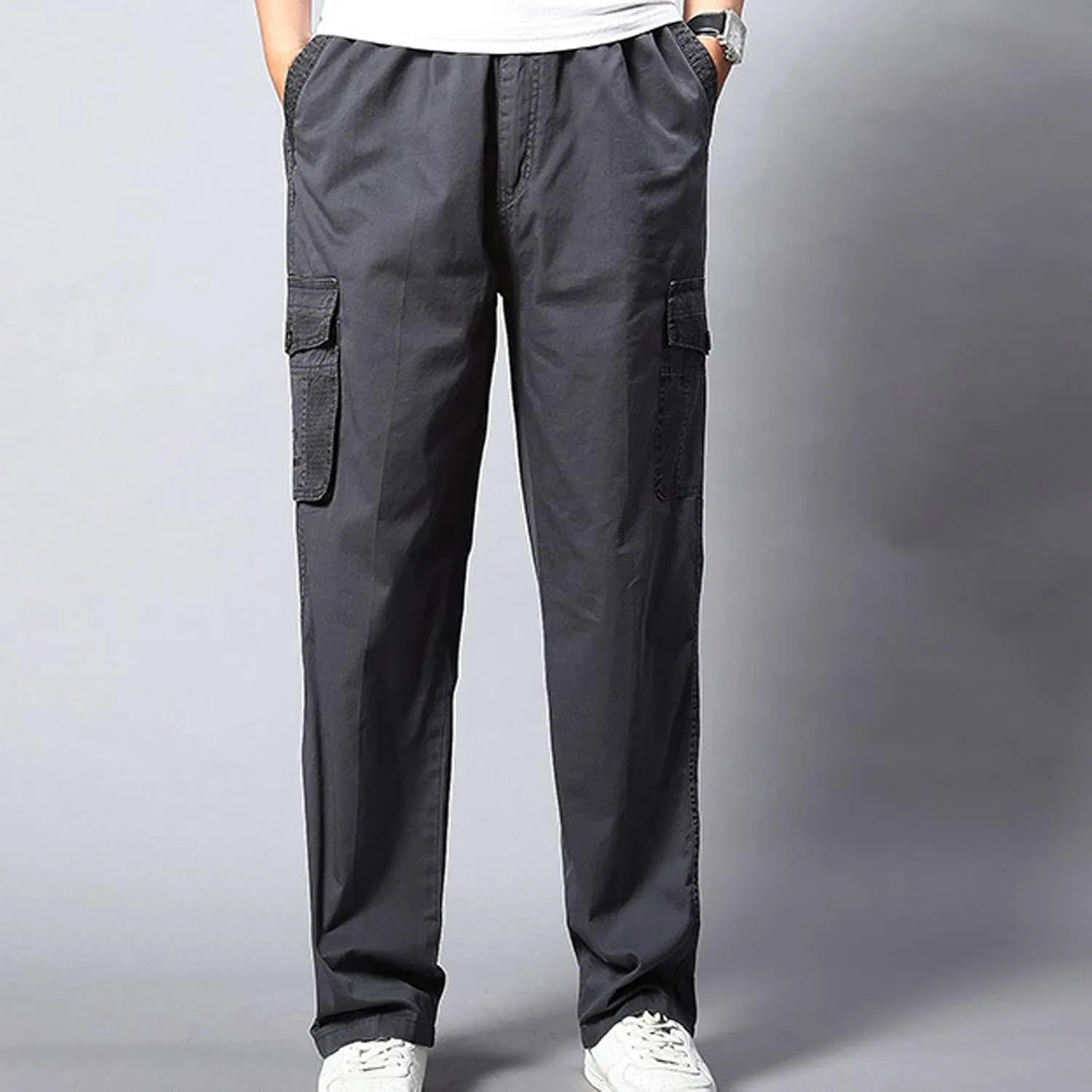Men's Breathable Comfy Cotton Pants Elastic Waist Comfy Straight-Fit Sweatpants Fashion Casual Cargo Pants Multi Pockets