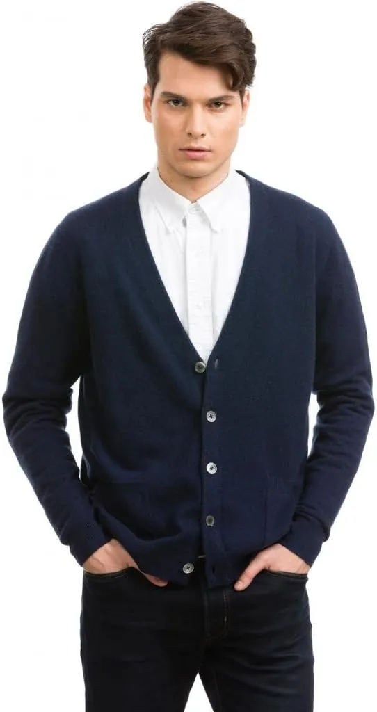 Men's Buttons Cardigan - Pure Cashmere Long Sleeve Front Pocket Jacket Hand-Knitted V-Neck Sweater
