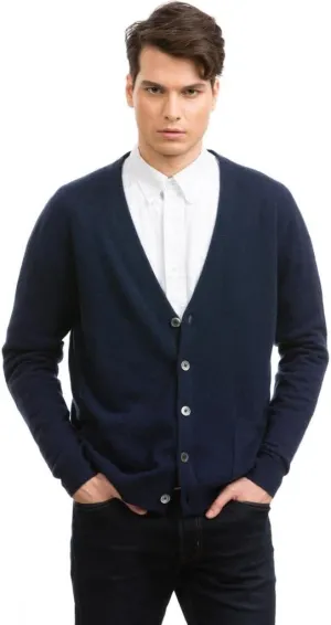 Men's Buttons Cardigan - Pure Cashmere Long Sleeve Front Pocket Jacket Hand-Knitted V-Neck Sweater