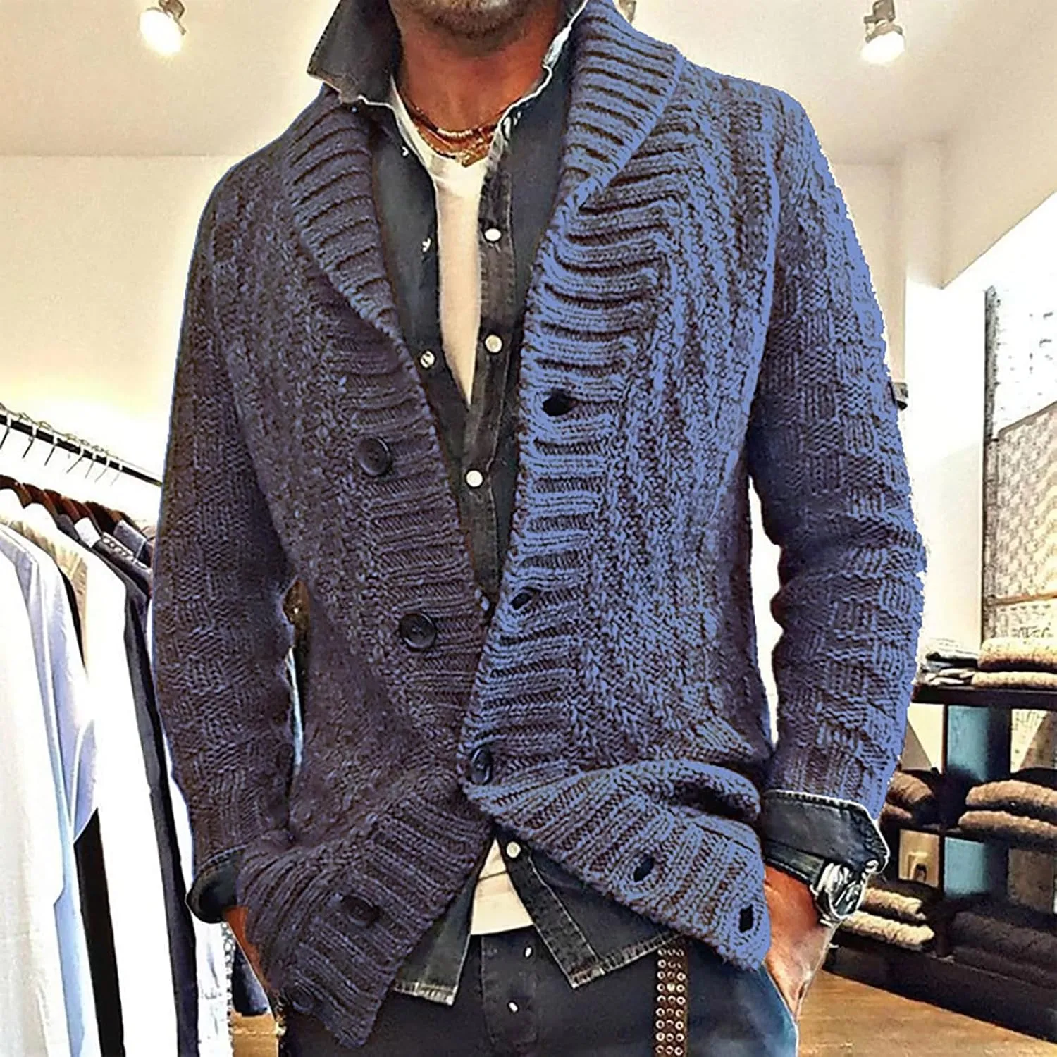 Mens Casual Cardigan Sweaters Long Sleeve Shawl Collar Button Down Cable Knit Coat With Pockets Winter Jackets