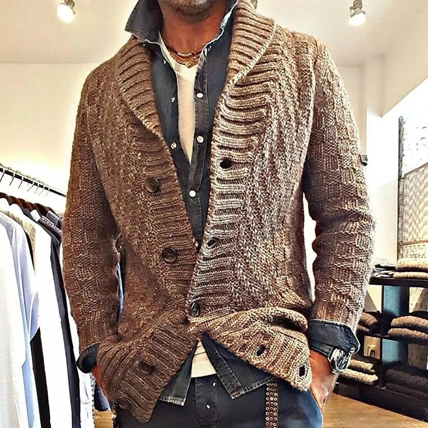 Mens Casual Cardigan Sweaters Long Sleeve Shawl Collar Button Down Cable Knit Coat With Pockets Winter Jackets