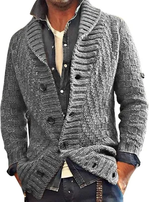Mens Casual Cardigan Sweaters Long Sleeve Shawl Collar Button Down Cable Knit Coat With Pockets Winter Jackets