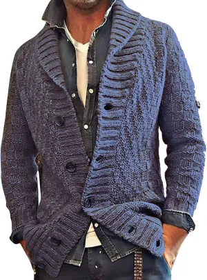 Mens Casual Cardigan Sweaters Long Sleeve Shawl Collar Button Down Cable Knit Coat With Pockets Winter Jackets