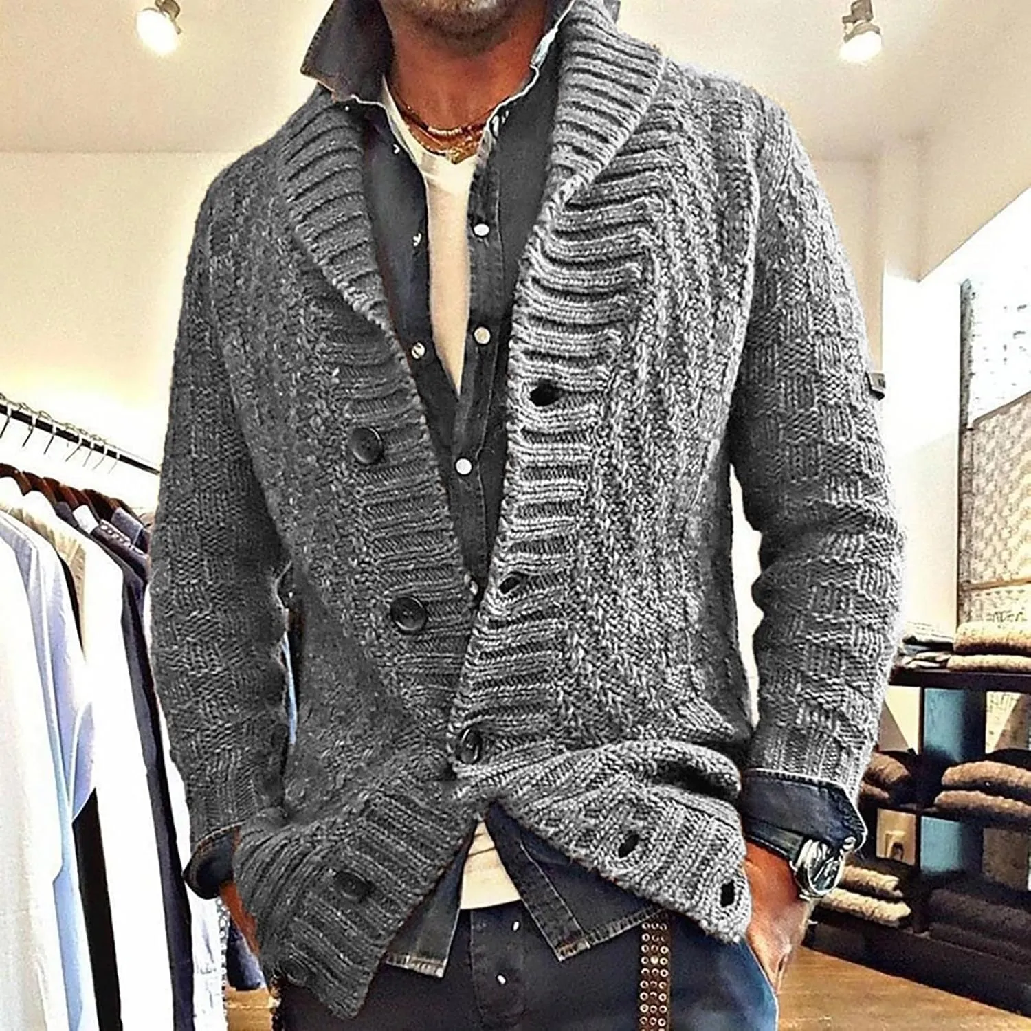 Mens Casual Cardigan Sweaters Long Sleeve Shawl Collar Button Down Cable Knit Coat With Pockets Winter Jackets