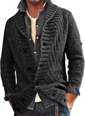 Mens Casual Cardigan Sweaters Long Sleeve Shawl Collar Button Down Cable Knit Coat With Pockets Winter Jackets