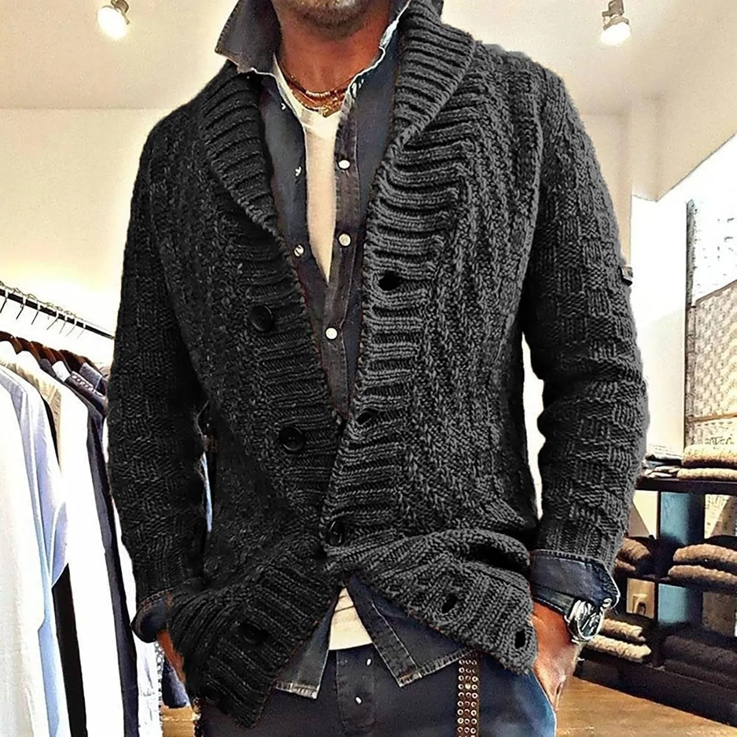 Mens Casual Cardigan Sweaters Long Sleeve Shawl Collar Button Down Cable Knit Coat With Pockets Winter Jackets