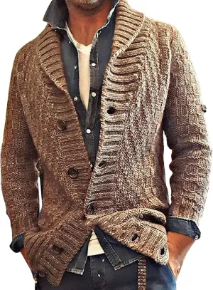 Mens Casual Cardigan Sweaters Long Sleeve Shawl Collar Button Down Cable Knit Coat With Pockets Winter Jackets