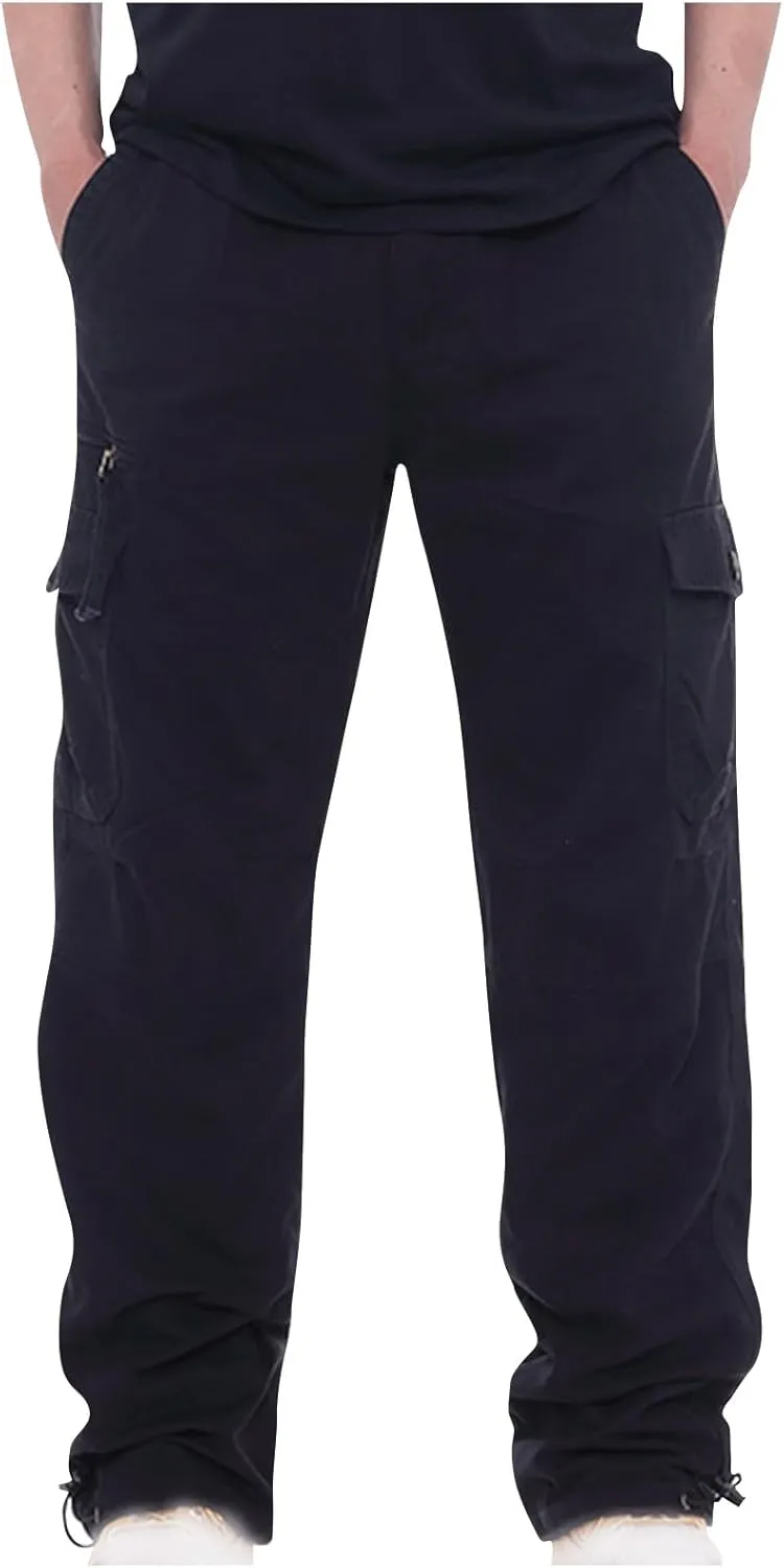 Men's Classic Fit Cargo Pants Elastic Waist Multi-Pocket Outdoor Cargo Trousers Tactical Straight Leg Casual Pants