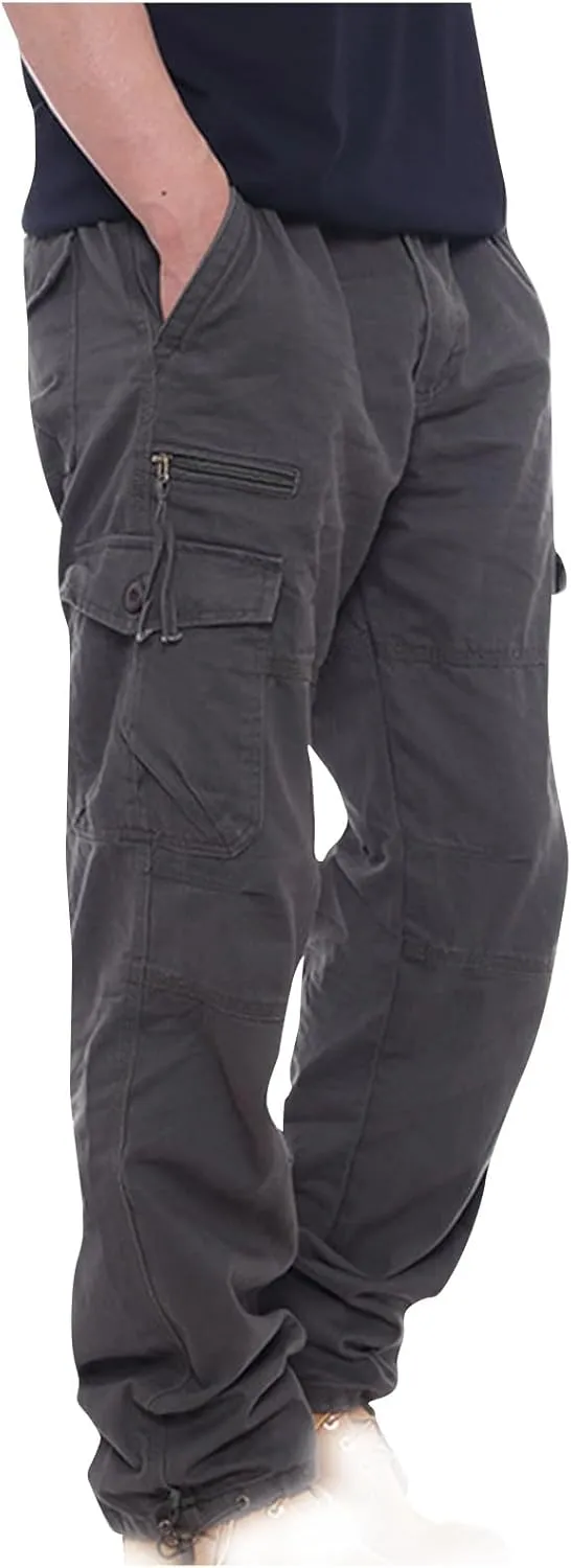 Men's Classic Fit Cargo Pants Elastic Waist Multi-Pocket Outdoor Cargo Trousers Tactical Straight Leg Casual Pants