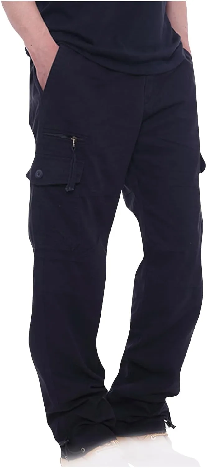 Men's Classic Fit Cargo Pants Elastic Waist Multi-Pocket Outdoor Cargo Trousers Tactical Straight Leg Casual Pants