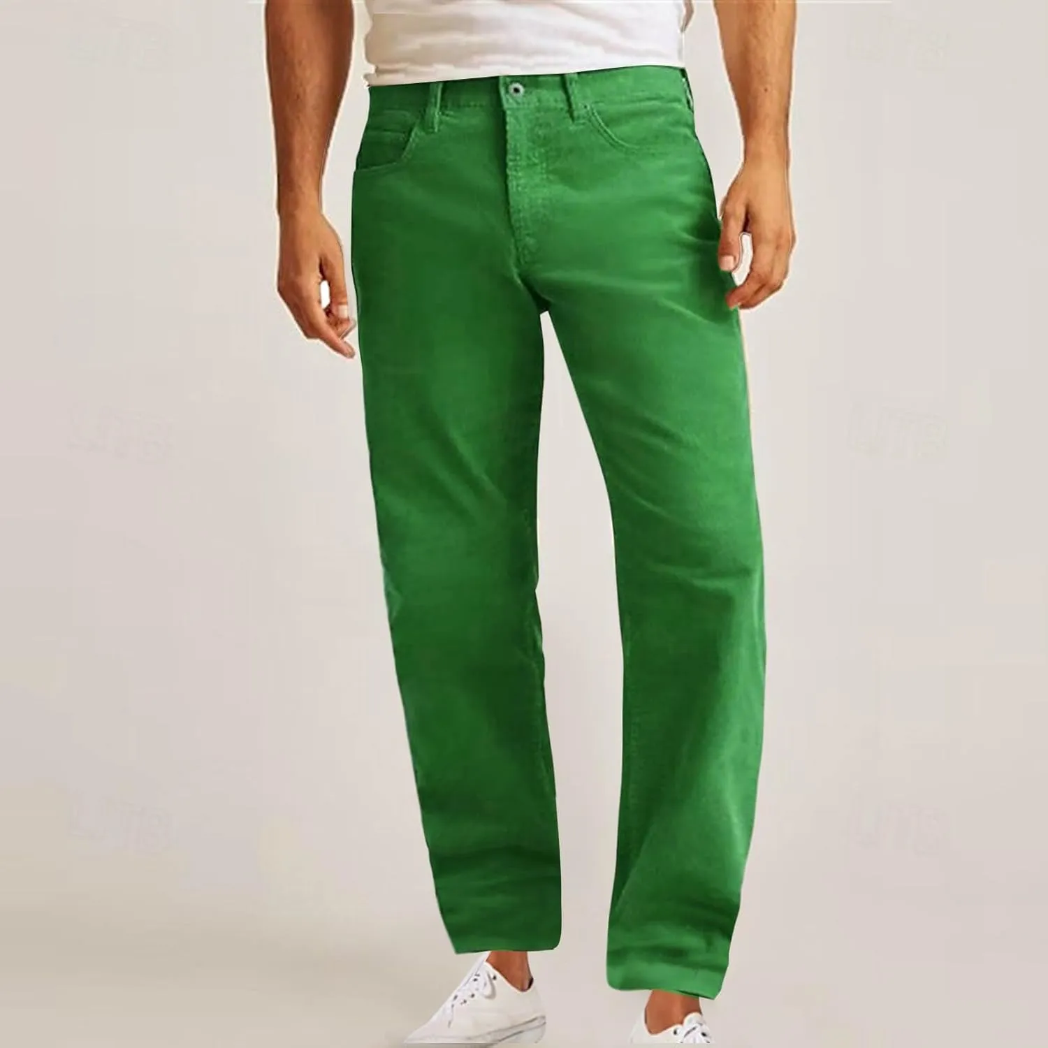 Mens Corduroy Pants Elastic Waist Button Pants Fashion Loose Casual Solid Long Trousers Straight Leg Slack Sweatpants