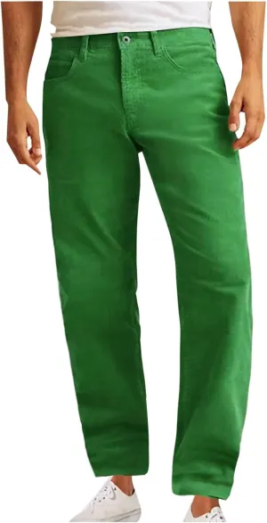 Mens Corduroy Pants Elastic Waist Button Pants Fashion Loose Casual Solid Long Trousers Straight Leg Slack Sweatpants