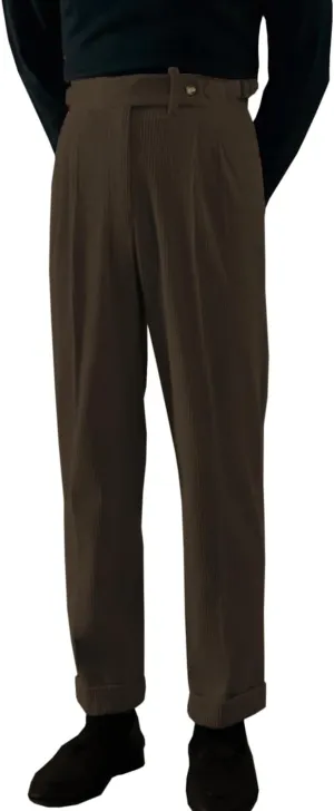 Mens Corduroy Pants Pleated Casual Straight Leg Vintage Fall Winter Adjustable Waist Dress Pants