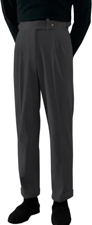 Mens Corduroy Pants Pleated Casual Straight Leg Vintage Fall Winter Adjustable Waist Dress Pants
