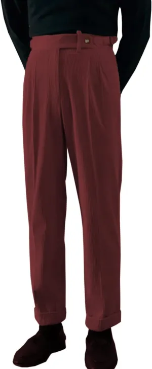Mens Corduroy Pants Pleated Casual Straight Leg Vintage Fall Winter Adjustable Waist Dress Pants