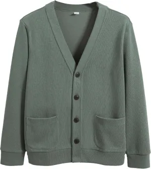 Mens Cotton Knit Cardigan Sweater Long Sleeve V Neck Button Down Sweaters Casual Loose Knit Cardigan with Pockets